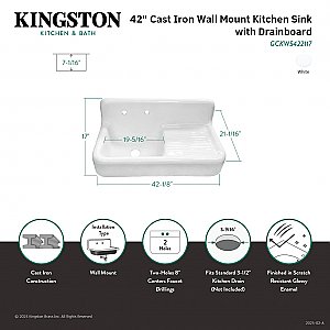 Kingston Brass GCKWS422117 Petra Galley 42" Cast Iron Wall Mount Kitchen Sink with Drainboard - White