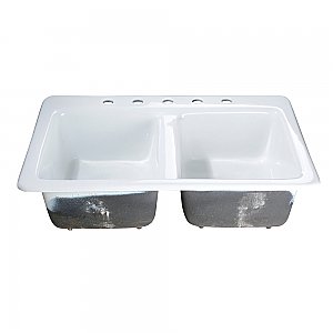 Gourmetier Petra Galley 33-Inch Cast Iron Double Bowl Drop-In Kitchen Sink - 5-Hole - White