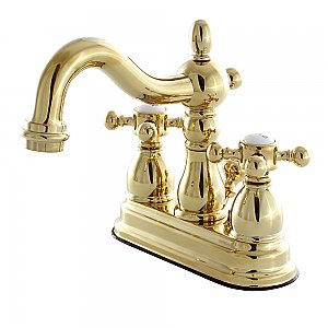 Kingston Brass 4-Inch Centerset Lavatory Faucet - Metal and Porcelain Cross Handles - Polished Brass