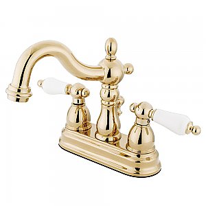 Kingston Brass 4-Inch Centerset Lavatory Faucet - Porcelain Levers - Polished Brass