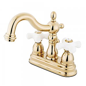 Kingston Brass 4-Inch Centerset Lavatory Faucet - Porcelain Cross Handles - Polished Brass