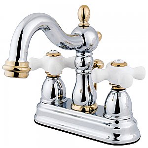 Kingston Brass 4-Inch Centerset Lavatory Faucet - Porcelain Cross Handles - Polished Chrome/Polished Brass