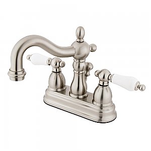 Kingston Brass 4-Inch Centerset Lavatory Faucet - Porcelain Levers - Brushed Nickel