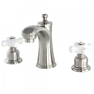 Victorian Widespread Lavatory Faucet - Porcelain Cross Handles - Satin Nickel
