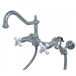 Heritage Wall Mount Bridge Kitchen Faucet with Brass Spray -  Polished Chrome