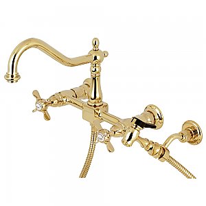 Essex Wall Mount Bridge Kitchen Faucet with Brass Spray -  Polished Brass