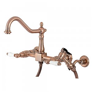 Heritage Wall Mount Bridge Kitchen Faucet with Brass Spray -  Antique Copper