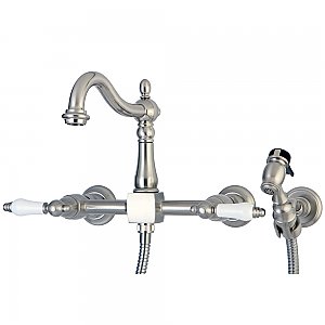 Heritage Wall Mount Bridge Kitchen Faucet with Brass Sprayer -  Brushed Nickel