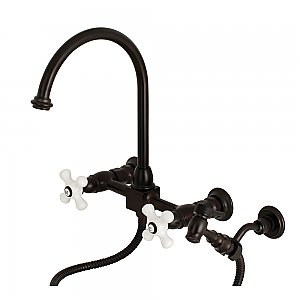 Restoration Wall Mount Bridge Kitchen Faucet with Brass Sprayer -  Oil Rubbed Bronze