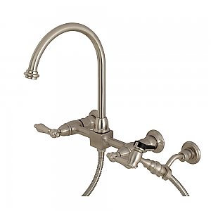 Restoration Wall Mount Bridge Kitchen Faucet with Brass Sprayer -  Brushed Nickel