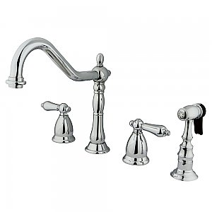 Heritage Widespread Deck Mount Kitchen Faucet with Brass Sprayer - Metal Lever Handles - Polished Chrome