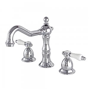 Heritage Widespread Sink Faucet - Porcelain Button Lever Handles - Polished Chrome