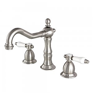 Heritage Widespread Sink Faucet - Porcelain Button Lever Handles - Satin Nickel