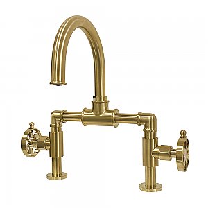 Kingston Brass KS2177RX Belknap Industrial Style Wheel Handle Bridge Bathroom Faucet with Pop-Up Drain, Brushed Brass