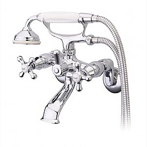 Wall Mount Clawfoot Tub Faucet with Hand Shower - Adjustable Center - Metal Cross Handles - Polished Chrome