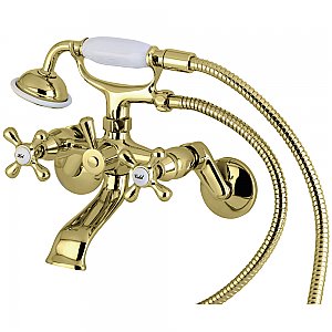 Wall Mount Clawfoot Tub Faucet with Hand Shower - Adjustable Center - Metal Cross Handles - Polished Brass