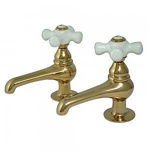 Restoration Basin Sink Faucet Separate Hot & Cold Taps - Porcelain Cross Handles - Polished Brass