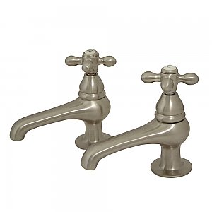 Restoration Basin Sink Faucet Separate Hot & Cold Taps - Metal Cross Handles - Satin Nickel