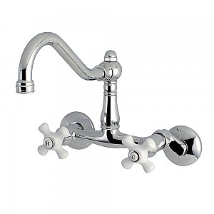 Vintage Style Wall Mount Kitchen Faucet - Porcelain Cross Handles - Polished Chrome