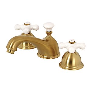 Restoration Widespread Lavatory Faucet - Porcelain Cross Handles - Satin Brass