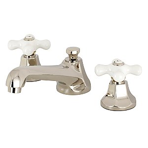 Kingston Brass Widespread Lavatory Faucet - Porcelain Cross Handles - Polished Nickel
