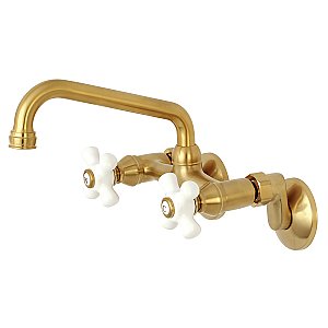 Wall Mount Kitchen Faucet - Satin Brass - Porcelain Cross Handles