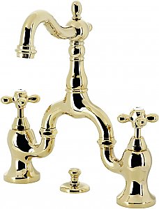 Kingston Brass English Country Bridge Bathroom Faucet with Brass Pop-Up Drain - Polished Brass