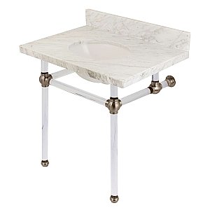 Fauceture Templeton 30" Wide Carrara Marble Bathroom Console Vanity with Acrylic Legs - Brushed Nickel