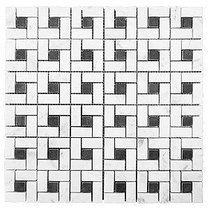 Honed Marble Mosaic 4" Spiral Pattern Tile - 1 Sq. Ft.  Sheet - Carrara White with Jet Black Dot - *Quick Ship*