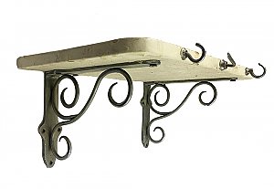 Antique Wooden Painted Shelf with Nickel Scroll Brackets and Hooks - Circa 1890