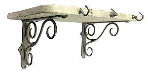 Antique Wooden Painted Shelf with Nickel Scroll Brackets and Hooks - Circa 1890