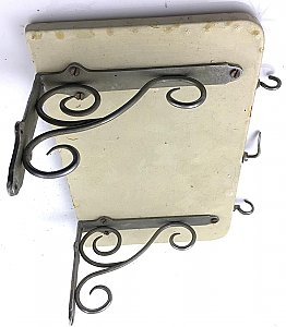 Antique Wooden Painted Shelf with Nickel Scroll Brackets and Hooks - Circa 1890