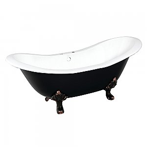72-Inch Cast Iron Double Slipper Clawfoot Tub with 7-Inch Faucet Drillings, Black/White/Oil Rubbed Bronze