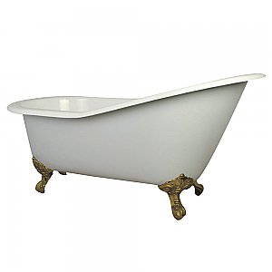 61-Inch Cast Iron Single Slipper Clawfoot Tub with 7-Inch Faucet Drillings, White/Polished Brass