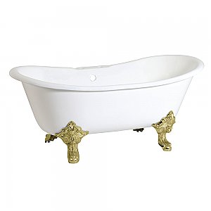 67-Inch Cast Iron Double Slipper Clawfoot Tub with 7-Inch Faucet Drillings, White/Polished Brass