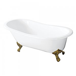 54-Inch Cast Iron Slipper Clawfoot Tub without Faucet Drillings, White/Polished Brass