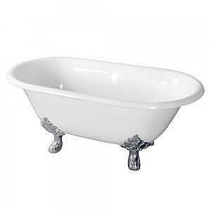 60-Inch Cast Iron Double Ended Clawfoot Tub (No Faucet Drillings), White/Polished Chrome
