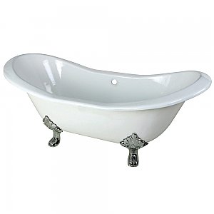 72-Inch Cast Iron Double Slipper Clawfoot Tub (No Faucet Drillings), White/Polished Chrome