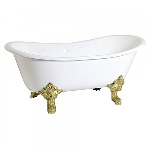 67-Inch Cast Iron Double Slipper Clawfoot Tub (No Faucet Drillings), White/Polished Brass