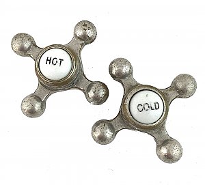 Antique Porcelain and Nickel Plated Faucet Handle Pair - Hot & Cold