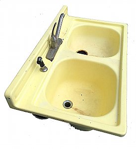 Antique Stamped Steel Yellow Enameled Double Bowl Kitchen Sink