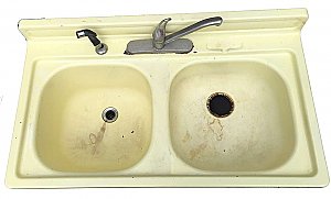 Antique Stamped Steel Yellow Enameled Double Bowl Kitchen Sink