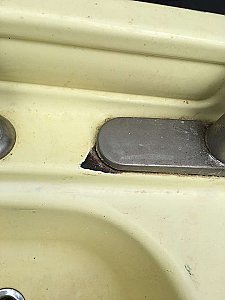 Antique Stamped Steel Yellow Enameled Double Bowl Kitchen Sink
