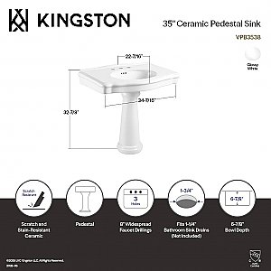 Sovereign 35" Ceramic Pedestal Sink 8-Inch 3-Hole - Glossy White