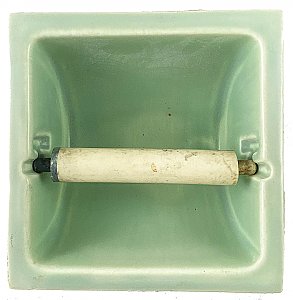 Antique "Mosaic Tile Co." Sea Spray Green Tile-In Ceramic Bathroom Toilet Paper Holder - Circa 1920