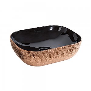 Isabella Plus Collection Rectangular Above Mount Basin with an Embossed Exterior, Smooth Interior, and Center Drain - Black and Rose Gold