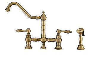 Vintage III Plus Bridge Faucet with Swivel Spout, Lever Handles and Solid Brass Side Spray - Antique Brass Finish