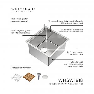 Undermount Single Bowl 16 Gauge Brushed Stainless Steel Workstation Sink With Accessories