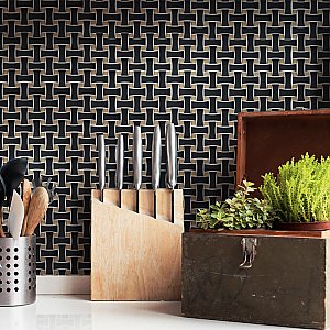 Metro Dog Bone Basketweave Matte Black/Gold Glass Dot 10" x 10" Porcelain Mosaic Tile - 10 Tiles Per Case - 7.1 Sq. Ft.