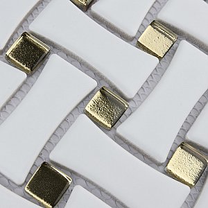 Metro Dog Bone Basketweave Matte White/Gold Glass Dot 10" x 10" Porcelain Mosaic Tile - 10 Tiles Per Case - 7.1 Sq. Ft.